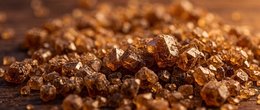 Granulated brown sugar crystals pile creating rustic texture for professional culinary food photography and sweet dessert ingredient concept