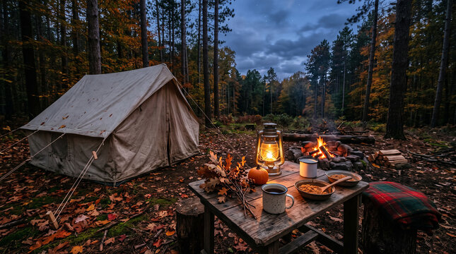 Cozy autumn camping scene featuring canvas tent alongside rustic wooden table with glowing lantern and breakfast bowls in forest landscape