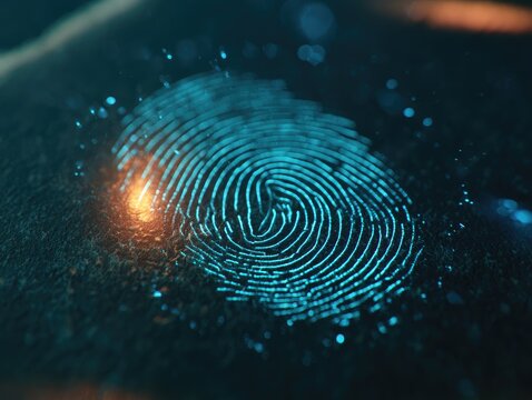 Blue digital fingerprint with orange glow and scattered particles