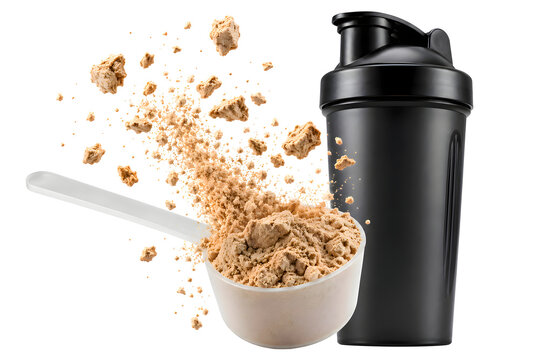 Protein Powder Scoop with Flying Whey Particles and Shaker Bottle Isolated on Transparent Background PNG