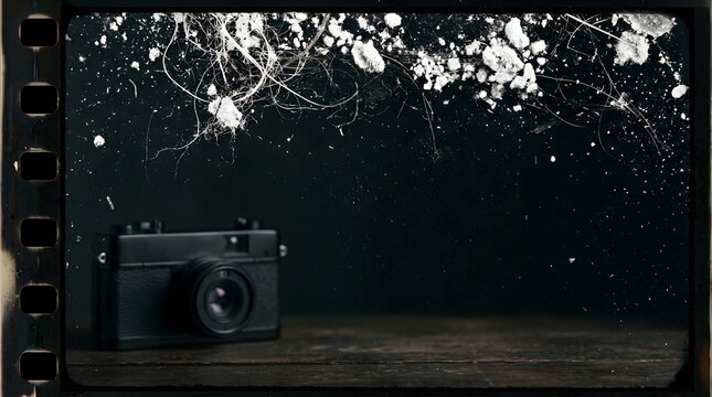 Vintage film camera on wooden table with dusty retro negative frame overlay