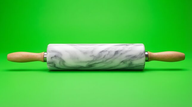Elegant marble rolling pin with wooden handles on a solid green background