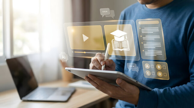 Male student using stylus on digital tablet with glowing holographic interface showing educational icons, video player, and AI tools for smart online learning and virtual training course management.