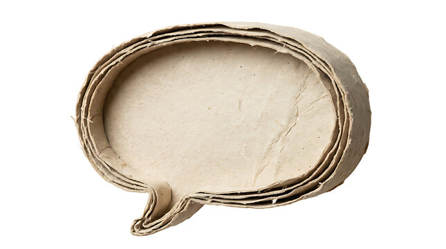 Layered, textured paper speech bubble, crumpled and rustic, isolated on transparent background.