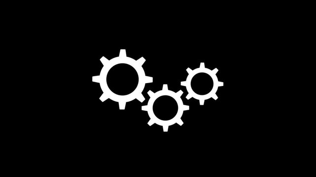 Minimalist three rotating gears icon animation with clean black outline drawing on isolated black background for engineering and settings design. 4k