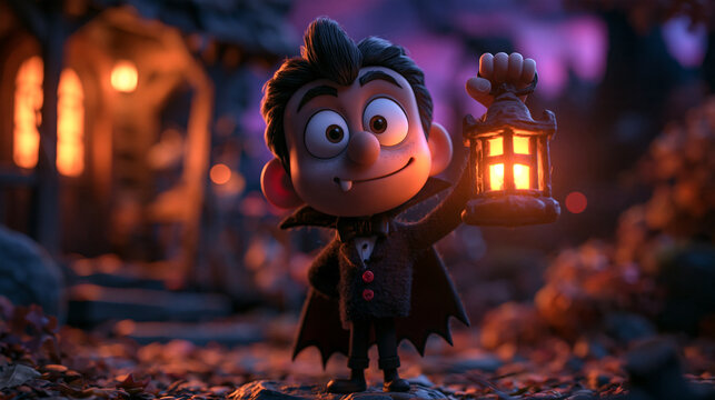 Cute Cartoon Vampire Holding Glowing Lantern at Halloween Night