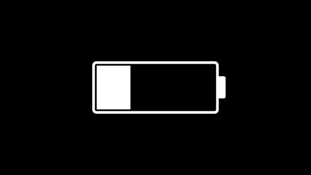 White battery low icon animation on a transparent background. The low battery icon is on and flashing. 4k animation video.