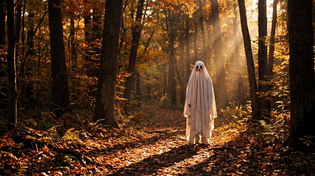 Spooky Ghost Figure Standing in Autumn Woods