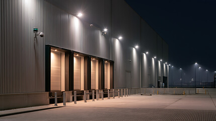 Obraz premium Modern industrial warehouse exterior at night featuring illuminated loading docks, security cameras, and corrugated metal wall panels setup