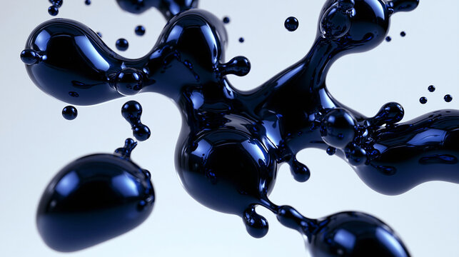 Abstract Glossy Dark Liquid Splash with Floating Droplets