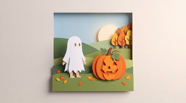 Paper Cut Halloween Scene with Ghost and Pumpkin