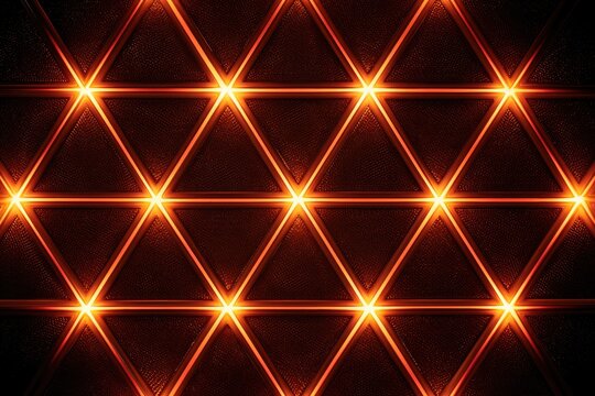 Interlocking geometric patterns of glowing orange triangles create a dazzling, abstract mosaic