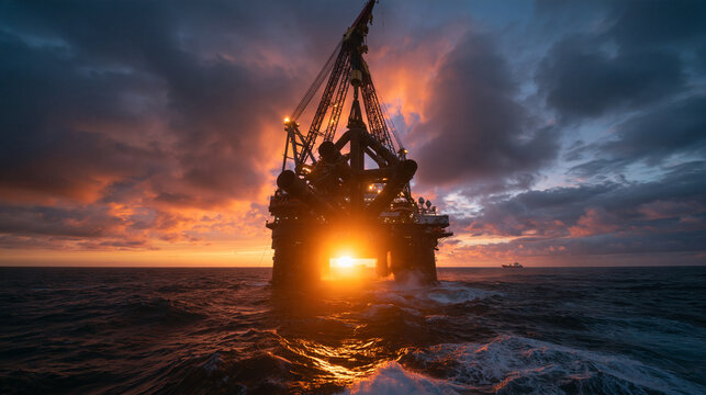 Offshore Oil Rig Drilling Platform at Sunset in Ocean