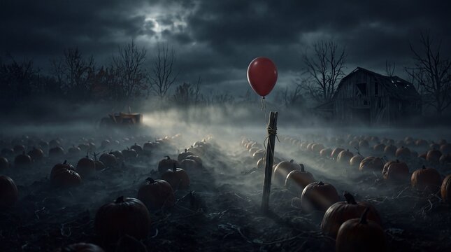 Creepy Red Balloon in Foggy Pumpkin Patch at Night