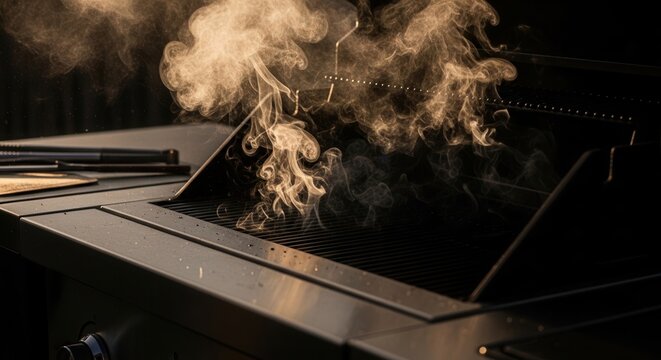 Steaming Grill Emitting Wisps of Smoky Aroma Outdoors