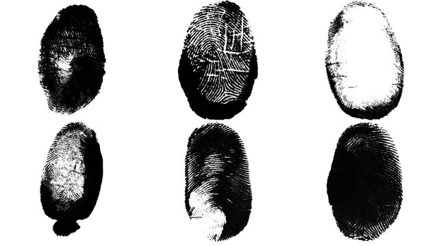 Set of human fingerprint marks and thumbprint icons in black ink for security identification and scanning