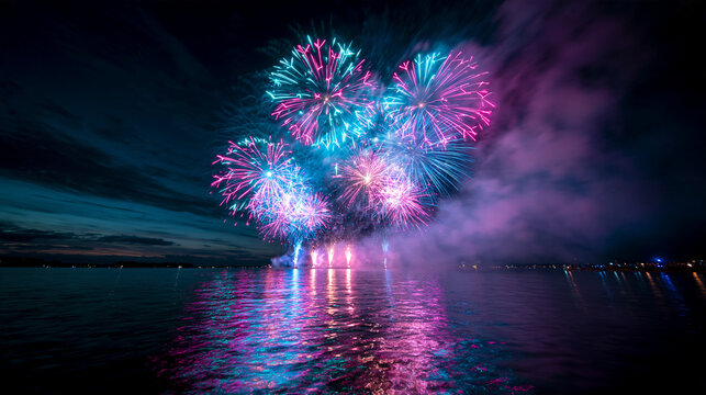 Colorful Fireworks Exploding Over Water at Night