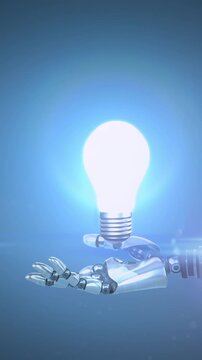 Animation of illuminated light bulb over hand of robot arm with illuminated light on dark background