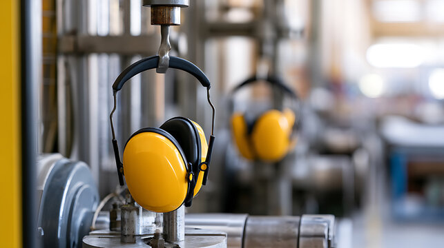 Industrial yellow earmuffs protection equipment hang on machine tool in manufacturing factory workplace for safety guard and noise control