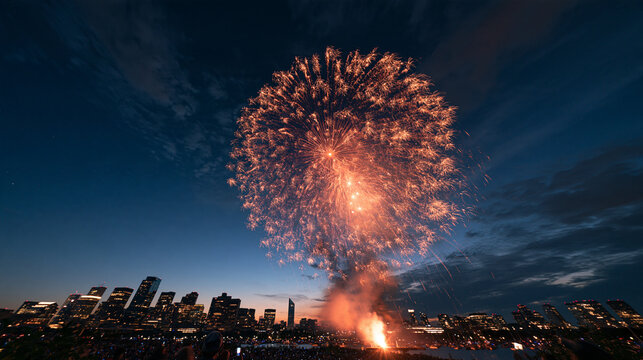 Bright Fireworks Exploding Over City Skyline at Night