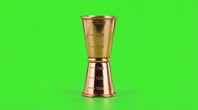A shiny copper jigger tool for measuring liquid cocktail ingredients accurately