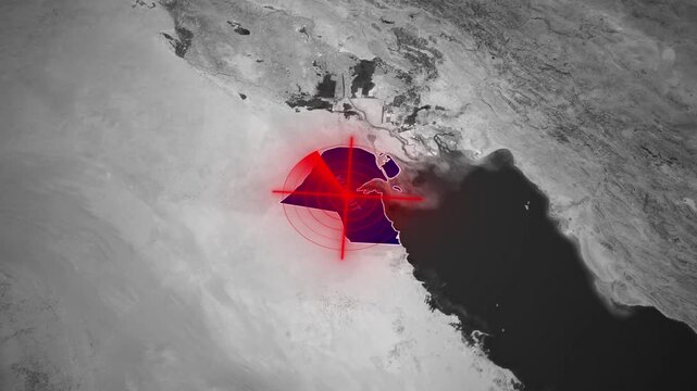 Grayscale Middle East map featuring an expanding red military crosshair targeting Kuwait