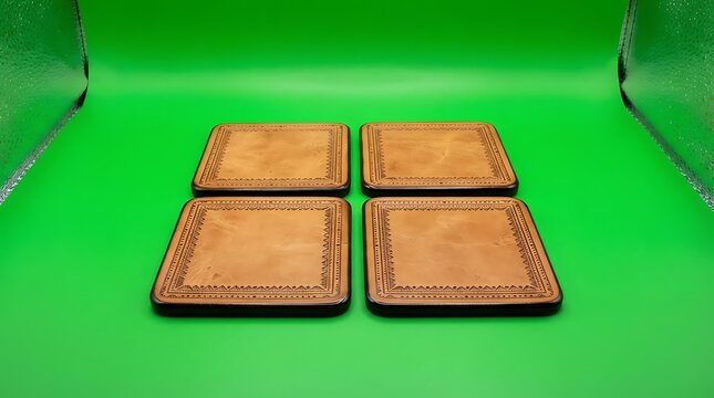 Four square leather coasters with decorative embossed borders on green