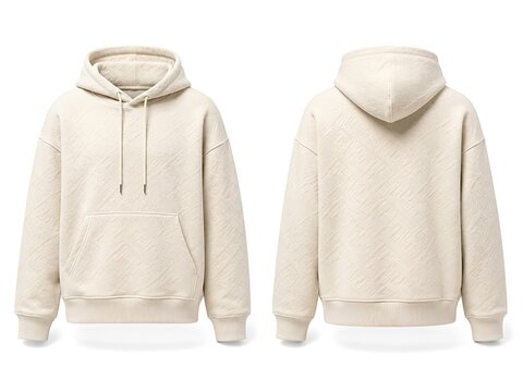 Beige hooded sweatshirt front and back view, cream colored zipless hoodie, premium textured cotton mockup studio product on white background, casual fashion apparel design template