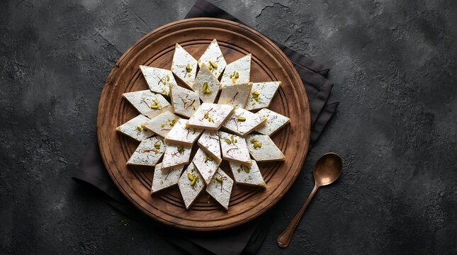 Indian sweet dessert barfi with nuts on wooden plate