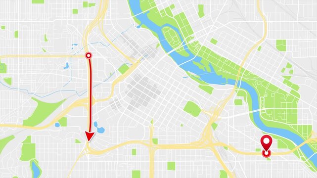 Animated GPS Navigation Route on Minneapolis City Map, Minnesota USA