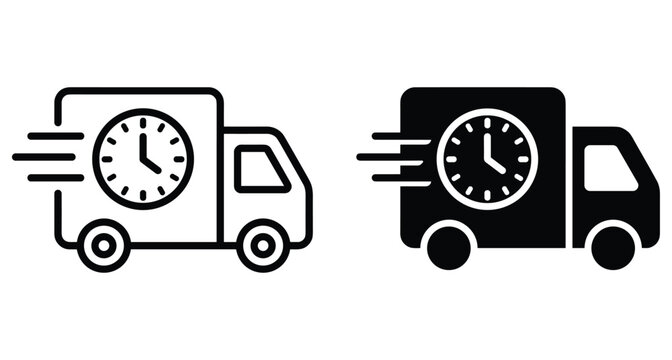 Fast delivery truck icon with clock symbol representing express shipping logistics service for quick transportation and timely package distribution courier