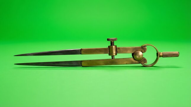 An antique brass drafting compass resting against a vibrant green background