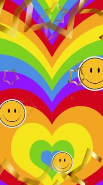 Animation of pride lgbtq, smiley faces and stars falling over rainbow heart background