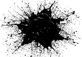 Fototapeta premium A high contrast black ink splatter isolated on a white background showing artistic chaotic drips and rough textured paint splashes