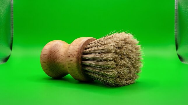 A wooden shaving brush resting on a vibrant green surface for grooming