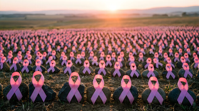 Large group of people forming a pink ribbon shape in a field at sunset for awareness
