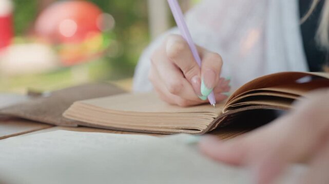Close up of woman writing in open notebook with soft lighting and blurred outdoor background. Her hand holds purple pen interacting steadily as woman writes on blank pages capturing focused