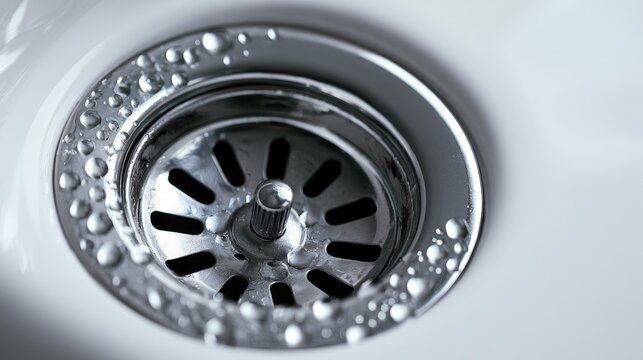 Close-up of a chrome sink drain with water droplets on its surface