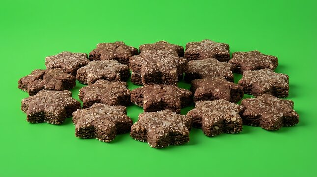 A collection of star shaped chocolate brownies on a vibrant green background