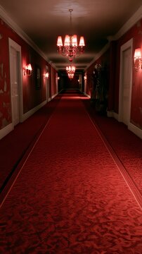 Abandoned hotel hallway with peeling paint and dim chandelier lighting