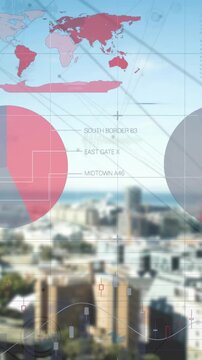 Animation of infographic interface over modern cityscape against cloudy sky