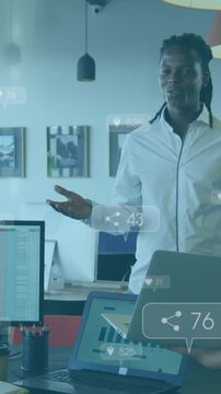 Animation of changing numbers and icon in notification bars, diverse coworkers discussing reports