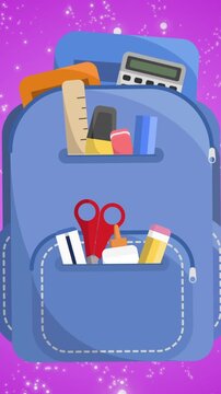 Animation of backpack icon over balloons on purple background
