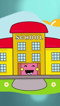 Animation of school icon over ballons and light spots on blue background