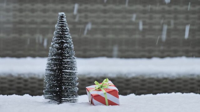 Winter scene: tiny evergreen tree and gift in fresh snow, fence in background
