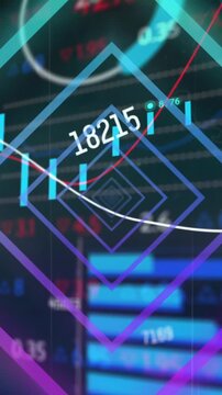 Animation of neon tunnel in seamless pattern over changing numbers and stock market data processing