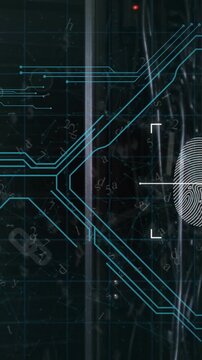 Animaton of interface with biometric fingerprint scanner against computer server room