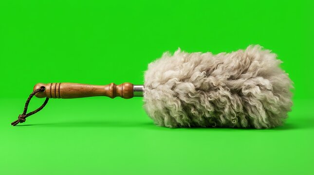 A soft wool duster with a wooden handle isolated on a vibrant green background