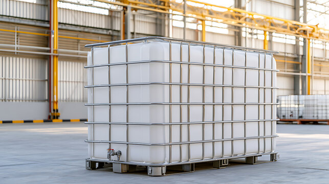 Industrial large plastic intermediate bulk container in metal cage stored inside a warehouse facility for chemical liquid supply and storage
