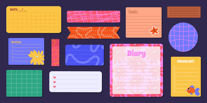 Set of various digital paper notes, stickers, patterned and grid papers, Diary, Checklist, Goals list in funky style. Cute flat sticky elements, reminders for mood boards, planners, collages. Vector.